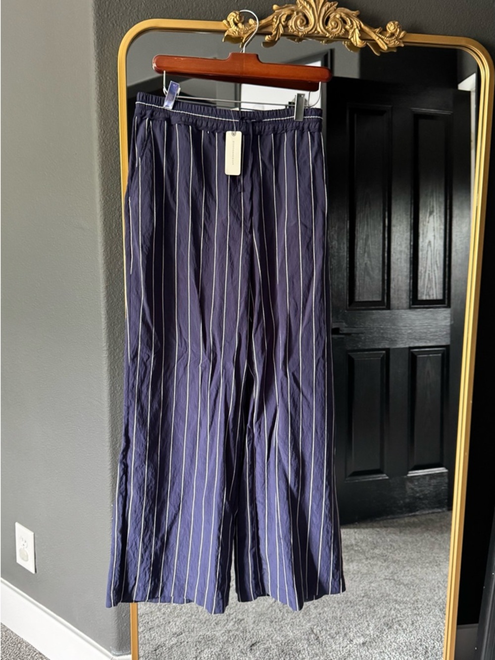 Maeve Navy Pinstripe Wide-Leg Pull-On Chinos
